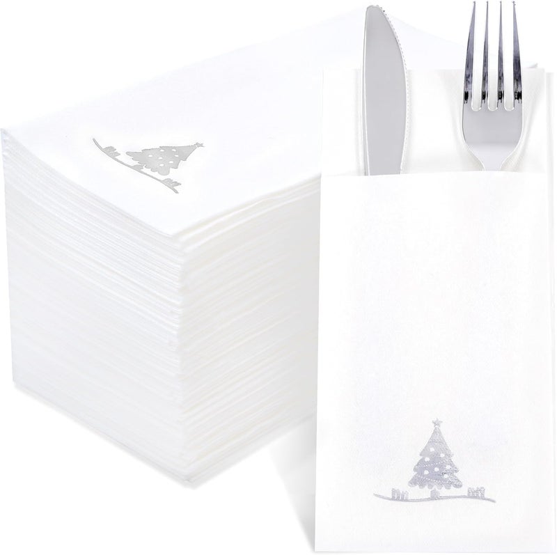 Joyido 100PCS Christmas Paper Napkins - Silver Christmas Tree Napkin with Built-in Flatware Pocket Prefolded Cloth-Like - Heavy-duty Linen-Feel Dinner Napkins Disposable for Xmas Tableware Decor - Image 1